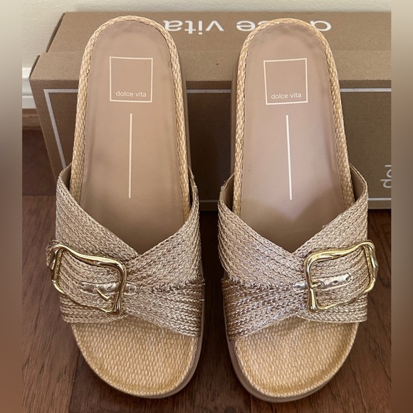 Dolce Vita Shoes - Dolce Vita “Sydnee “ slide on woven raffia sandal with gold buckle. Size 7 1/2